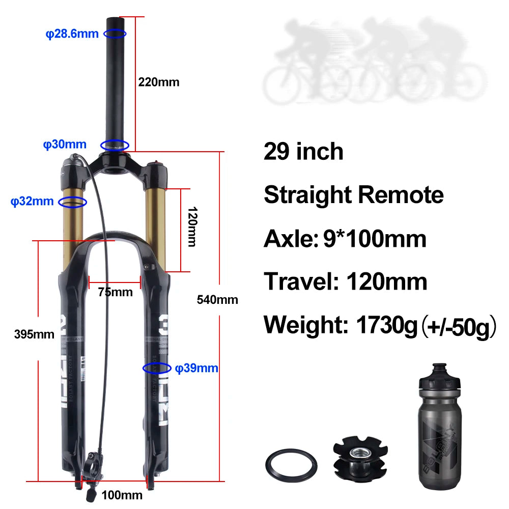 BOLANY MTB Air & Oil Suspension Fork 120mm Travel 26/27.5/29’’ Quick Release Front Fork Remote Adjust - 29 Straight