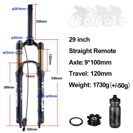 BOLANY MTB Air & Oil Suspension Fork 120mm Travel 26/27.5/29’’ Quick Release Front Fork Remote Adjust - 29 Straight