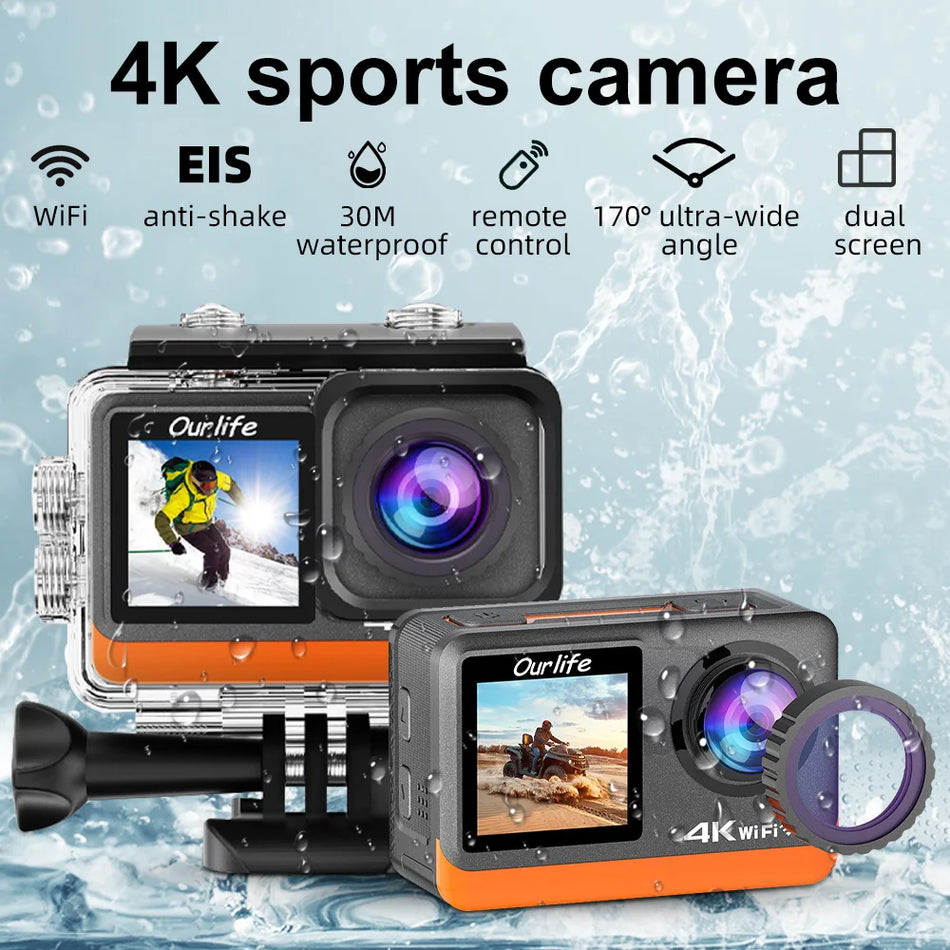 4K 60FPS Action Camera Anti-shake Dual Screen 170° Wide Angle 30M Waterproof 4X Zoom WiFi Sport Camera With Remote Control