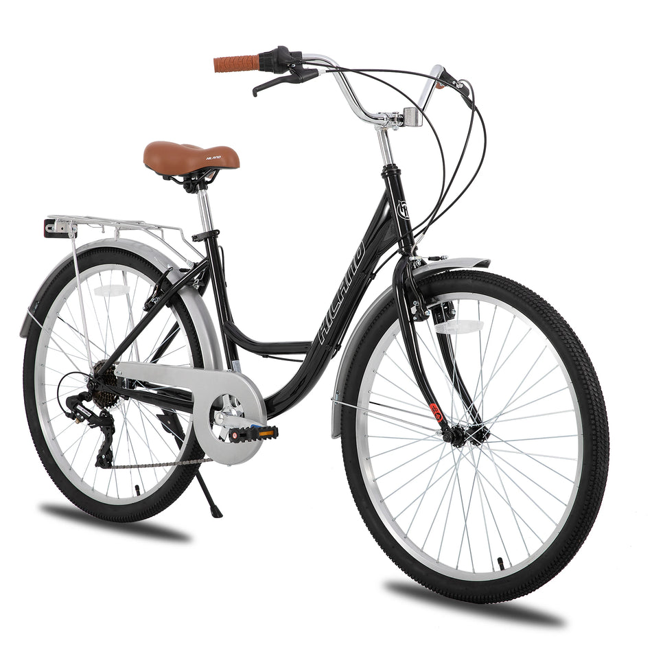 HILAND 26 inch Beach Cruiser Bike for Adults, 7 Speed Step-Through Frame Womens Bicycle with Rear Rack, Retrospec Bike