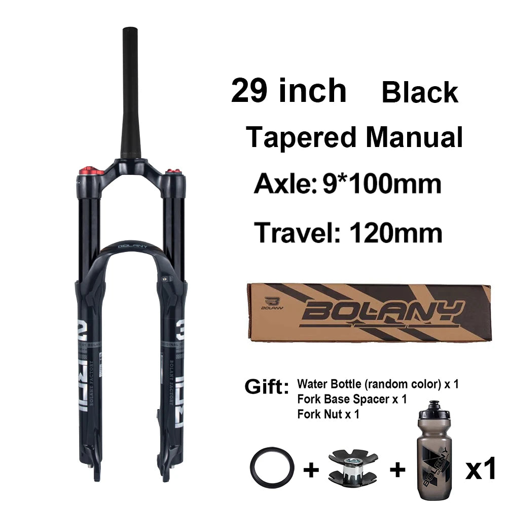 BOLANY MTB Air & Oil Suspension Fork 120mm Travel 26/27.5/29’’ Quick Release Front Fork Remote Adjust - 29 Tapered