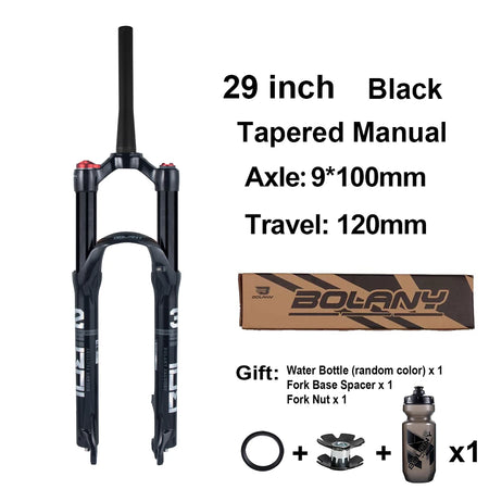 BOLANY MTB Air & Oil Suspension Fork 120mm Travel 26/27.5/29’’ Quick Release Front Fork Remote Adjust - 29 Tapered