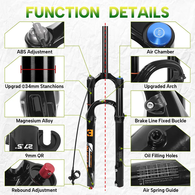 BUCKLOS MTB Air Suspension Fork 140mm Travel 26/27.5/29’’ Front Fork 34mm Tube 9x100mm Quick Release