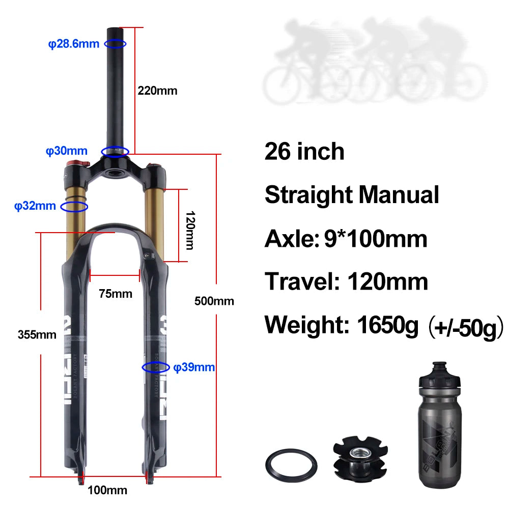 BOLANY MTB Air & Oil Suspension Fork 120mm Travel 26/27.5/29’’ Quick Release Front Fork Remote Adjust - 26 Straight