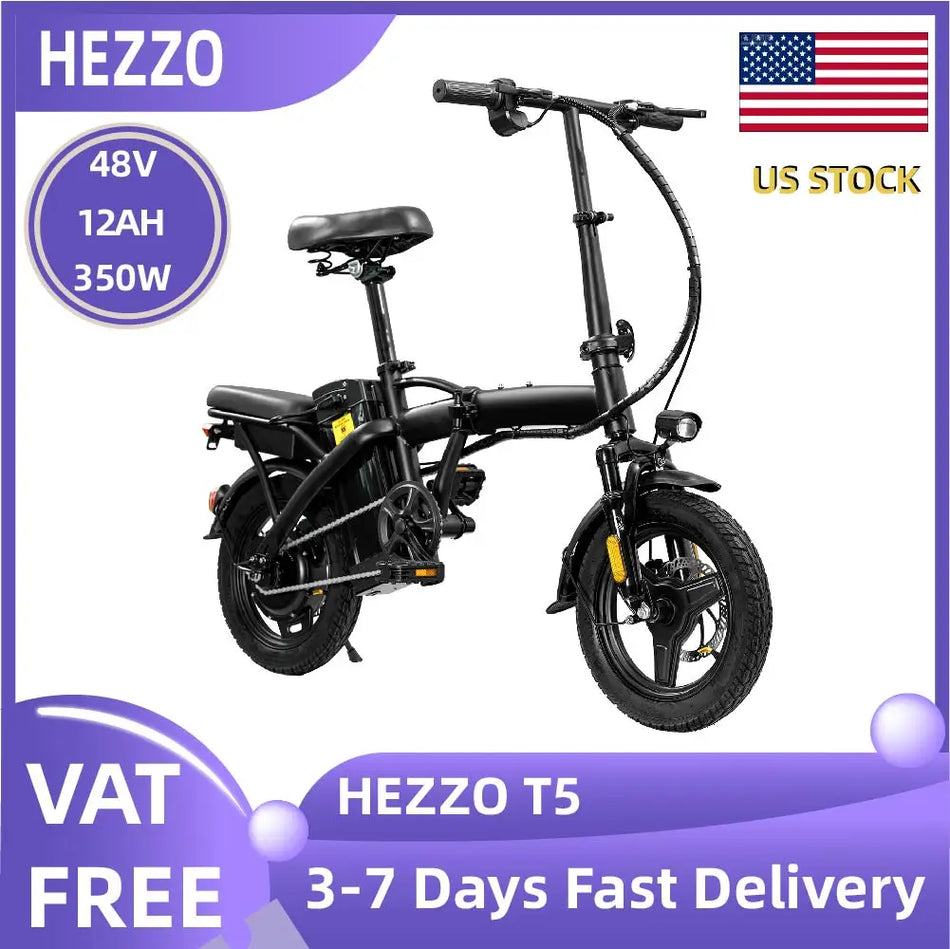 HEZZO T5 350W Folding Electric Bike 48V 12Ah City E-Bike 14" Compact Ebike