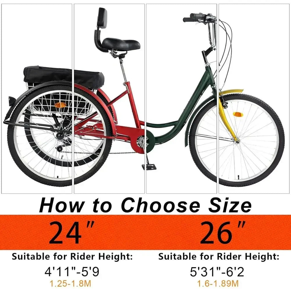 24"/26" Adult 7-Speed Three-Wheel Tricycle with Basket & Backrest