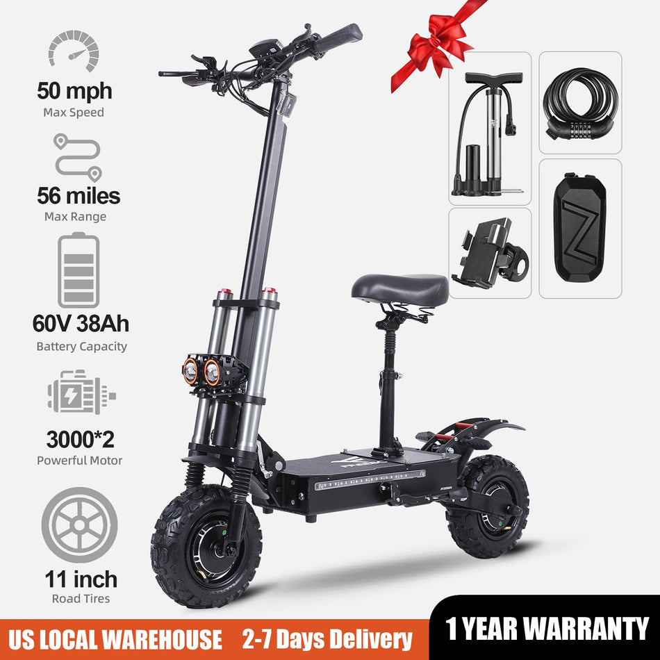 FREEBOY 50Mph Electric Scooter for Adults with Seat 440lbs Load Dual 6000W Motor Off-road Dual Suspension Fast Scooter