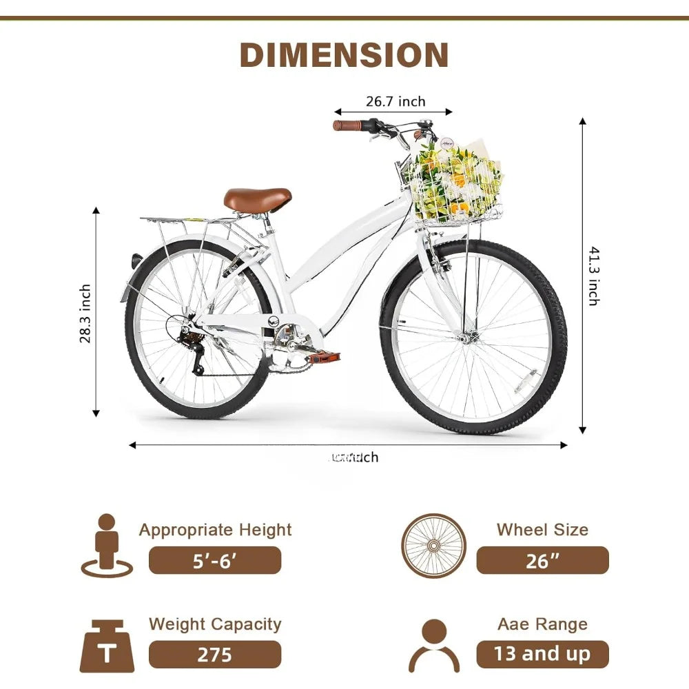 26 Inch Commuter Bicycle for Adult Men and Women, 7-Speed/High-Carbon Steel/Front & Rear Fenders, Comfortable City Bikes