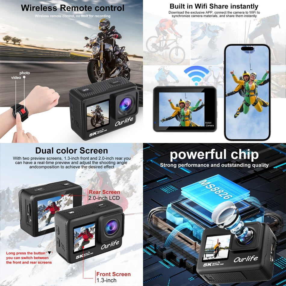 Action Camera 5K 4K60FPS EIS Wi-Fi Dual Screen 170D 2.0 Inch Touch Screen 30M Waterproof Sport Camera With Remote Control