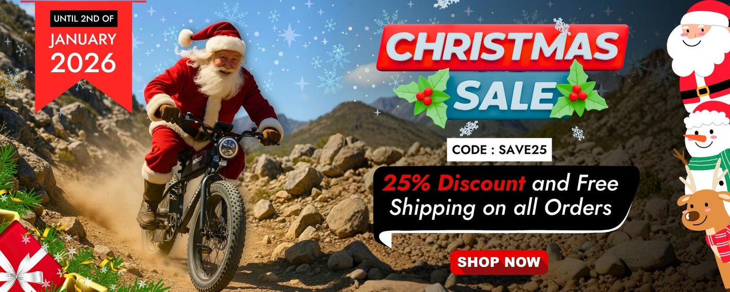 Christmas sale banner featuring Santa Claus riding an electric mountain bike, advertising 25% discount and free shipping on all orders until January 2nd 2026.
