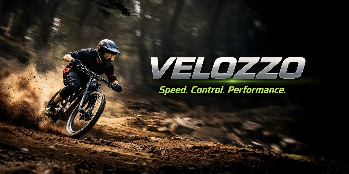 Velozzo mountain bike rider speeding through forest trail showcasing speed control and performance