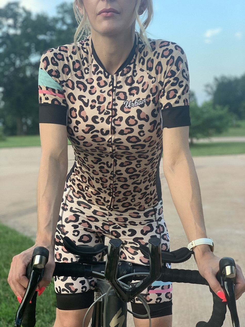 Women’s Urban Leopard Print Cycling Kit — Performance Jersey & Bib Shorts